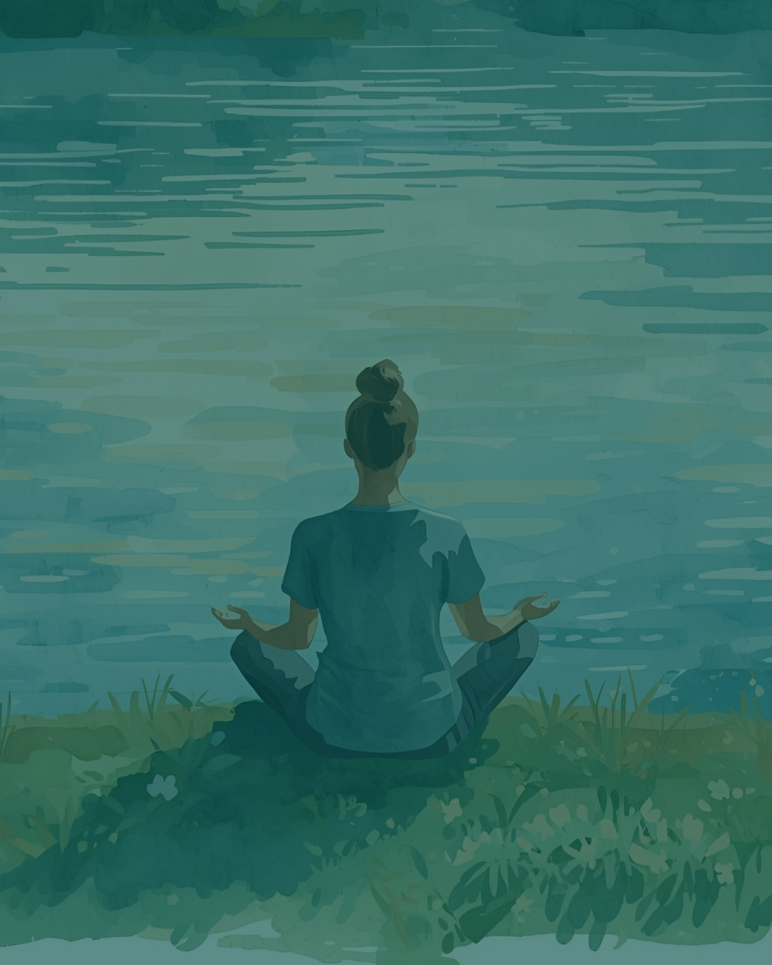 Ryggtavlan av en kvinna som sitter i lotusställning riktad mot vattnet.
