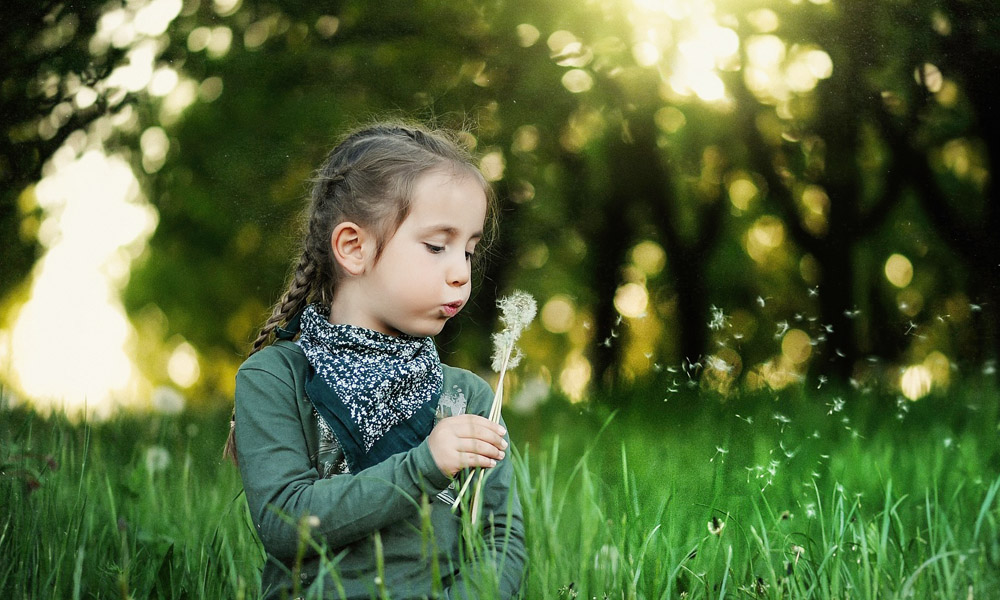 Flicka med flätor blåser på maskrosfrön i en grönskande trädgård under en solig dag