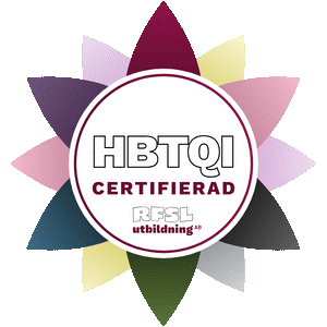 HBTQI-certifierad logotyp med RFSL Utbildning text och flerfärgad blomdesign i bakgrunden