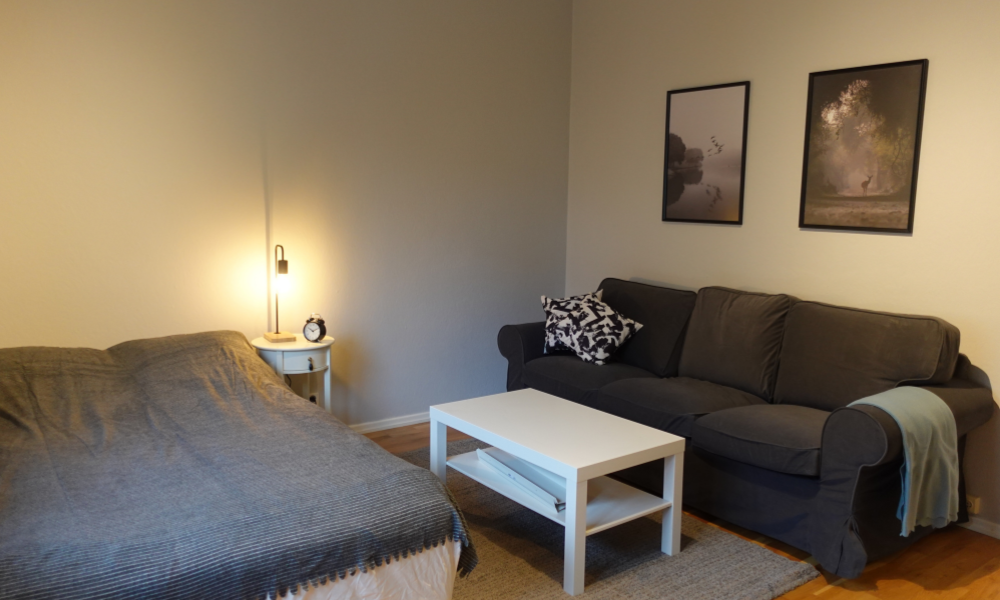 Lägenhet med säng, soffa och soffbord. Mysig belysning och tavlor på väggen.